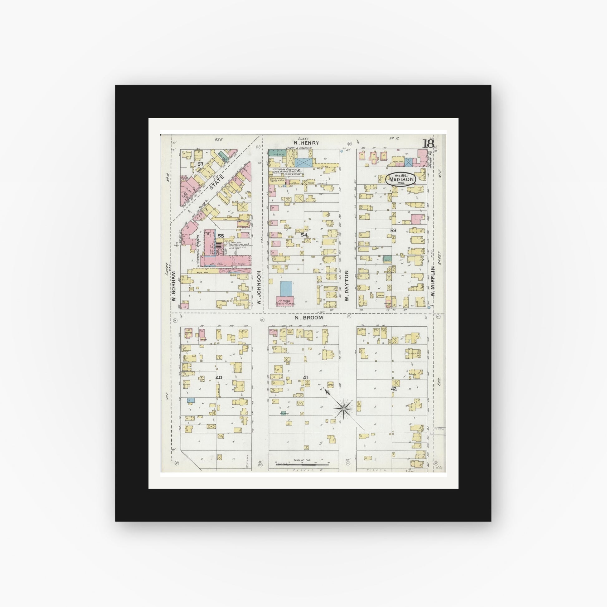 Old map wall art mockup — black gallery frame with white mat — Sanborn Fire Insurance Map from Madison, Dane County, Wisconsin (1892), Sheet #0018