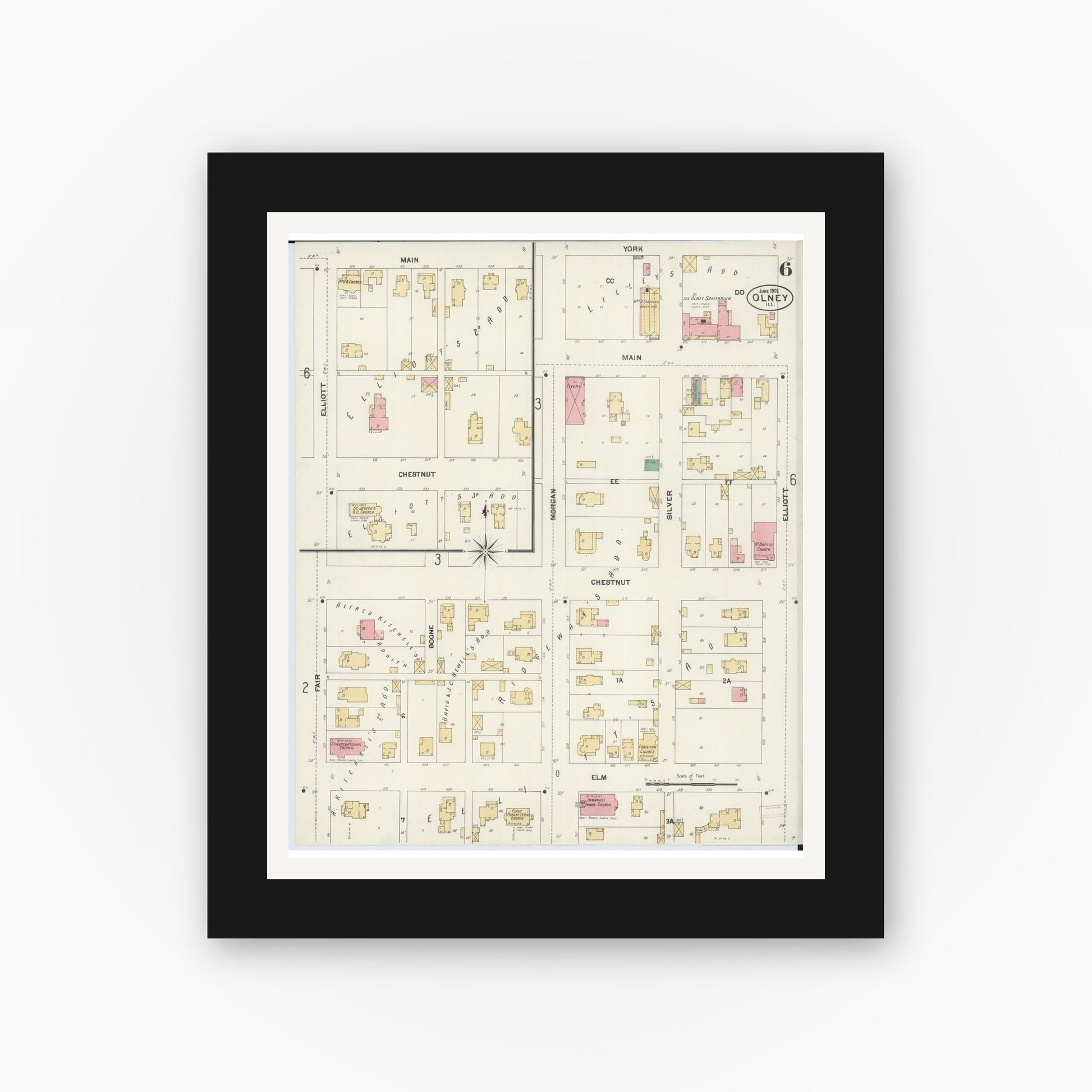 Old map wall art mockup — black gallery frame with white mat — Sanborn Fire Insurance Map from Olney, Richland County, Illinois (1902), Sheet #0006