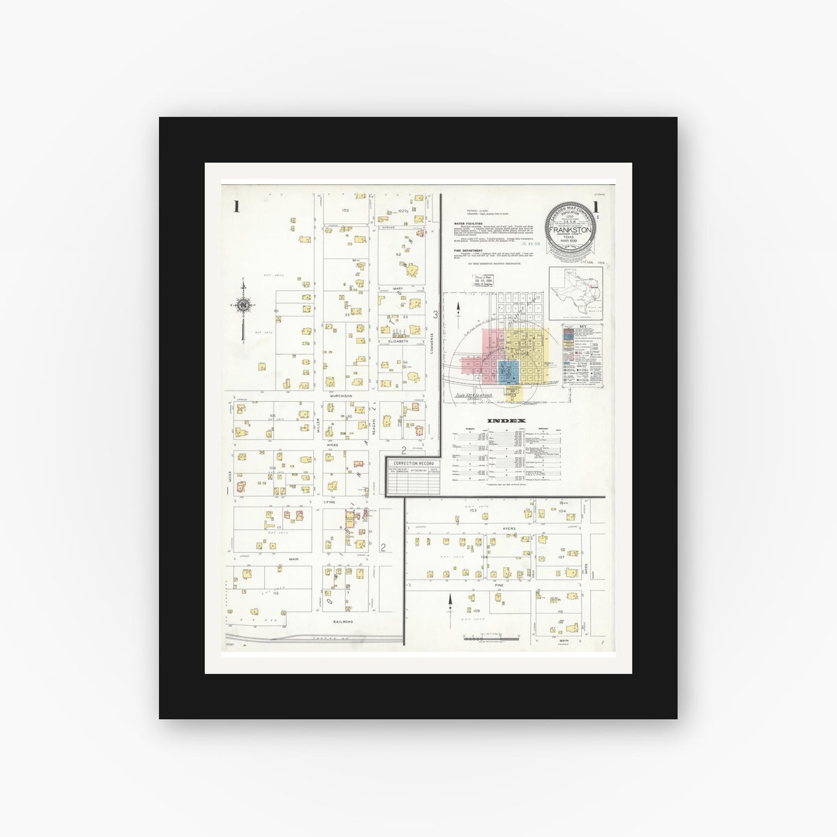 Old map wall art mockup — black gallery frame with white mat — Sanborn Fire Insurance Map from Frankston, Anderson County, Texas (1939) - Complete Map Set