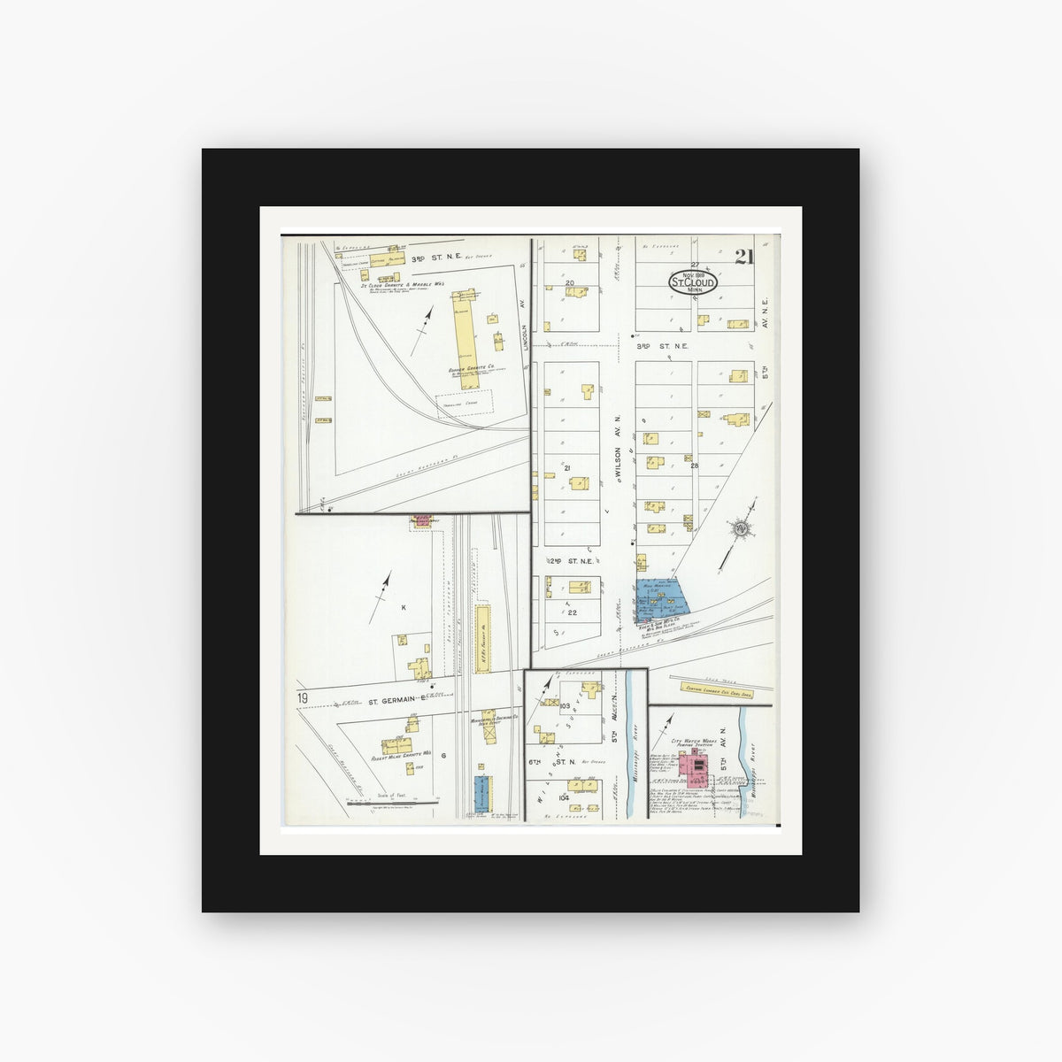 Old map wall art mockup — black gallery frame with white mat — Sanborn Fire Insurance Map from Saint Cloud, Stearns, Benton, and Sherburne Counties, Minnesota (1919), Sheet #0021