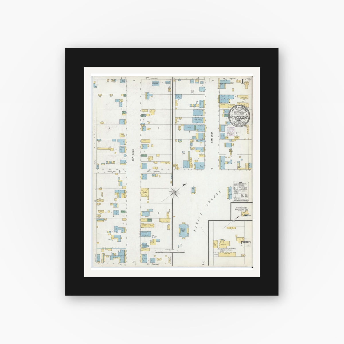 Old map wall art mockup — black gallery frame with white mat — Sanborn Fire Insurance Map from Fredericksburg, Gillespie County, Texas (1902) - Complete Map Set