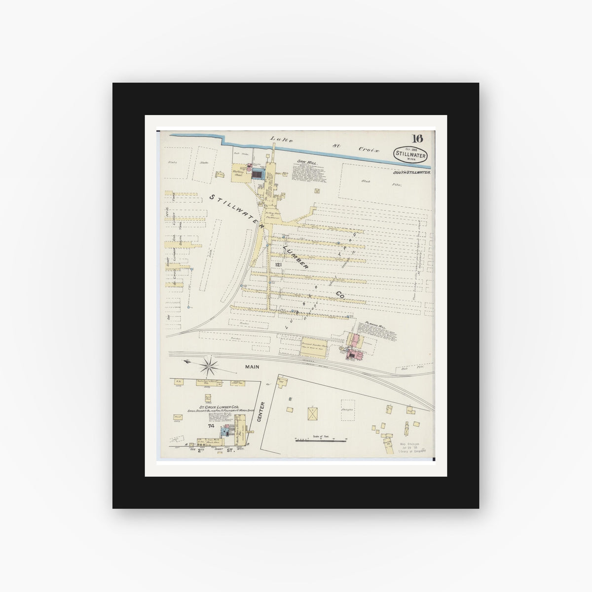 Old map wall art mockup — black gallery frame with white mat — Sanborn Fire Insurance Map from Stillwater, Washington County, Minnesota (1888), Sheet #0016