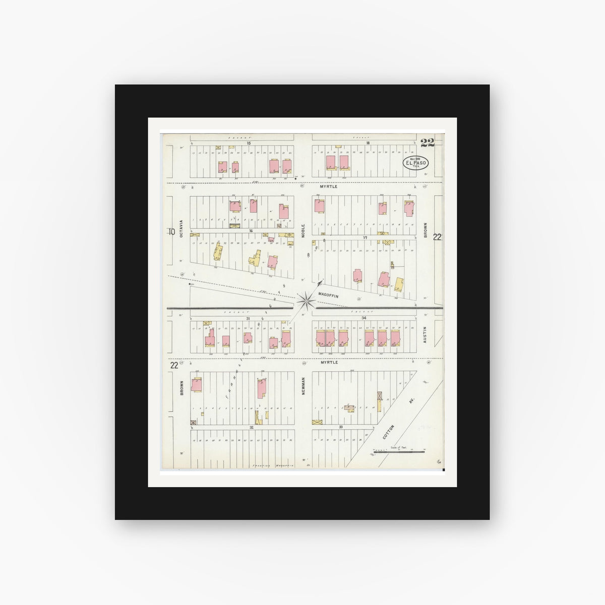 Old map wall art mockup — black gallery frame with white mat — Sanborn Fire Insurance Map from El Paso, El Paso County, Texas (1898), Sheet #0022