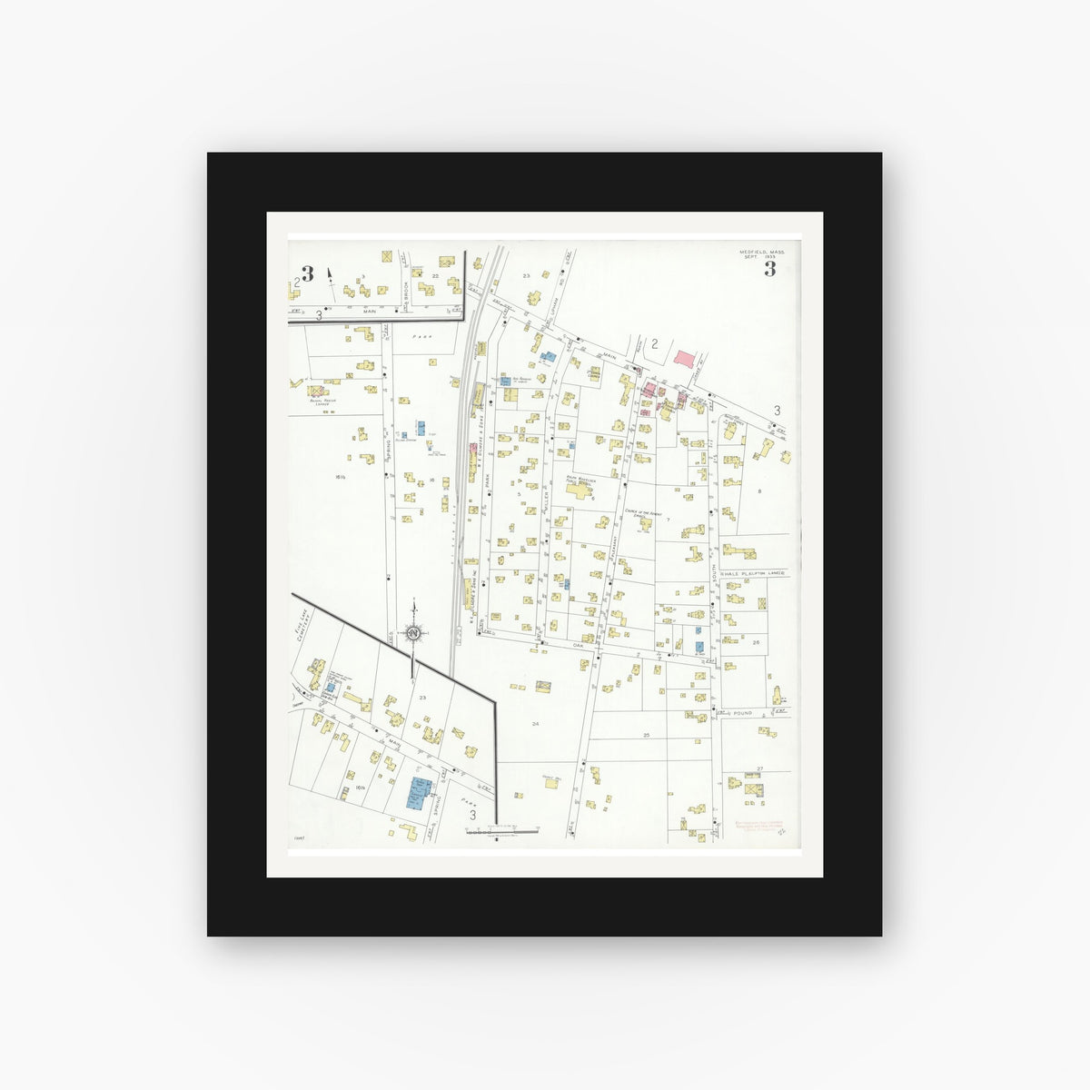 Old map wall art mockup — black gallery frame with white mat — Sanborn Fire Insurance Map from Medfield, Norfolk County, Massachusetts (1933), Sheet #0003