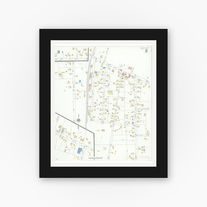 Old map wall art mockup — black gallery frame with white mat — Sanborn Fire Insurance Map from Medfield, Norfolk County, Massachusetts (1933), Sheet #0003