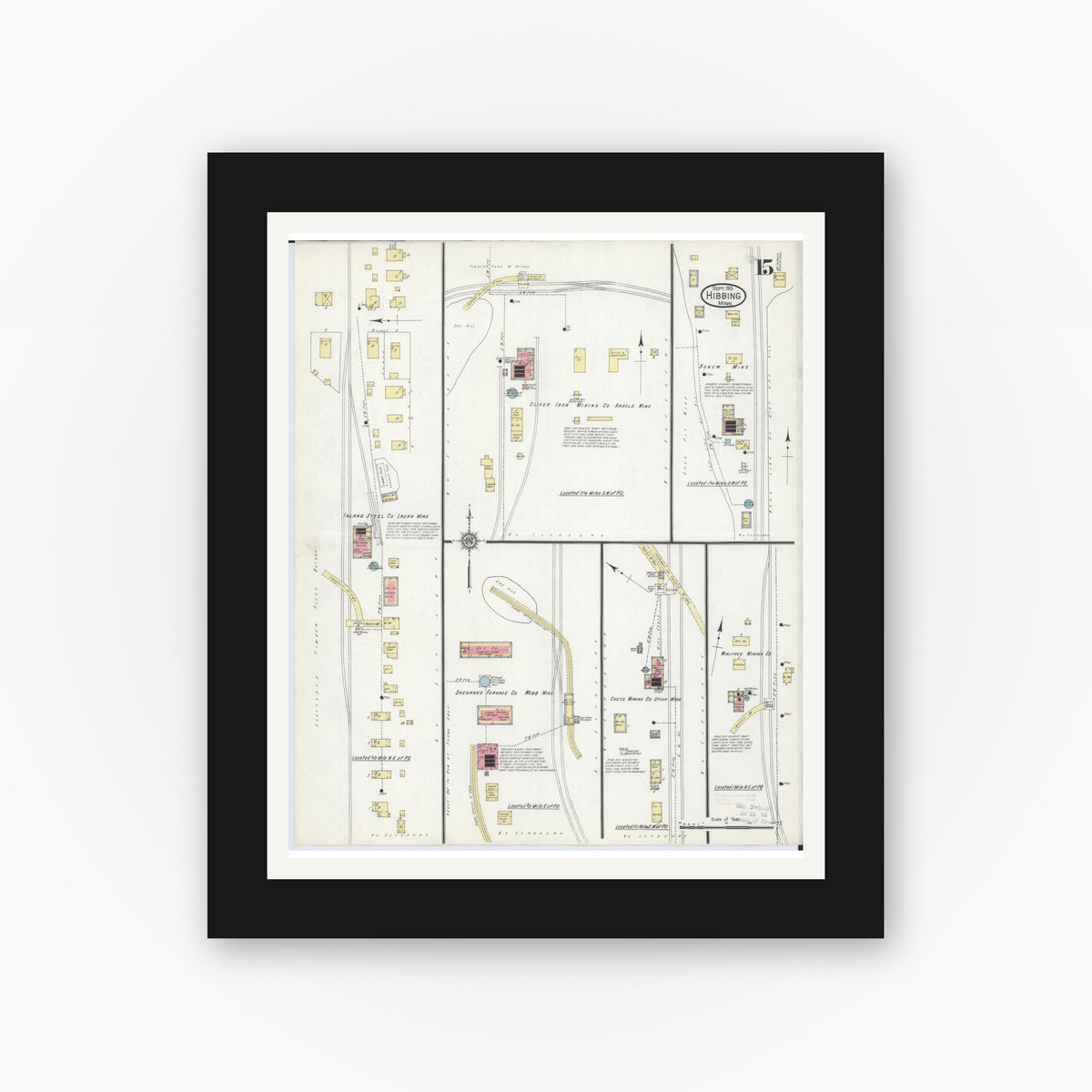 Old map wall art mockup — black gallery frame with white mat — Sanborn Fire Insurance Map from Hibbing, Saint Louis County, Minnesota (1913), Sheet #0015