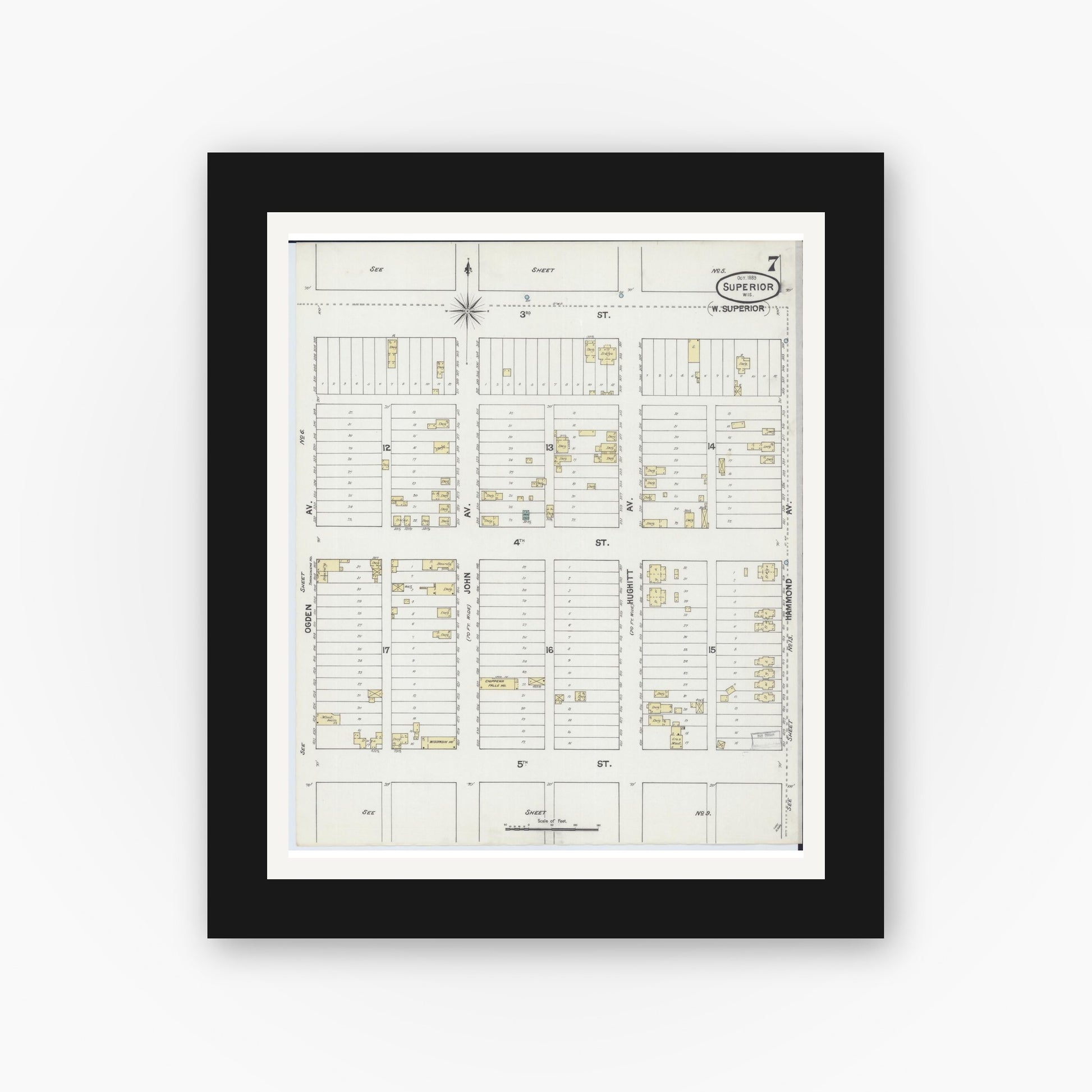 Old map wall art mockup — black gallery frame with white mat — Sanborn Fire Insurance Map from Superior, Douglas County, Wisconsin (1889), Sheet #0007