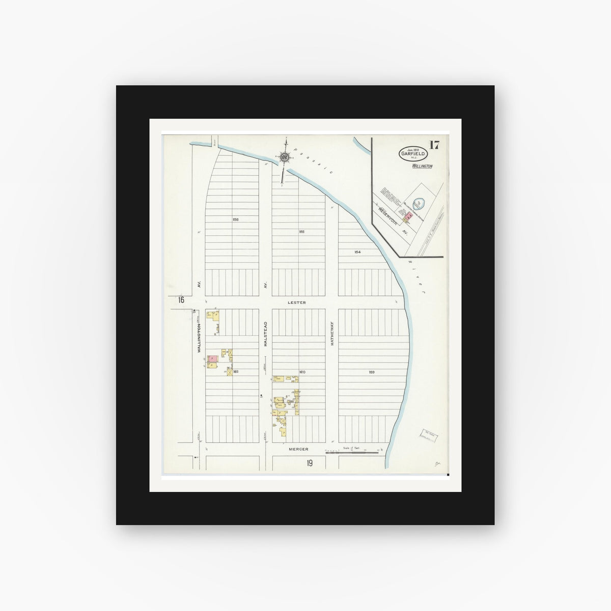 Old map wall art mockup — black gallery frame with white mat — Sanborn Fire Insurance Map from Garfield, Bergen County, New Jersey (1910), Sheet #0017