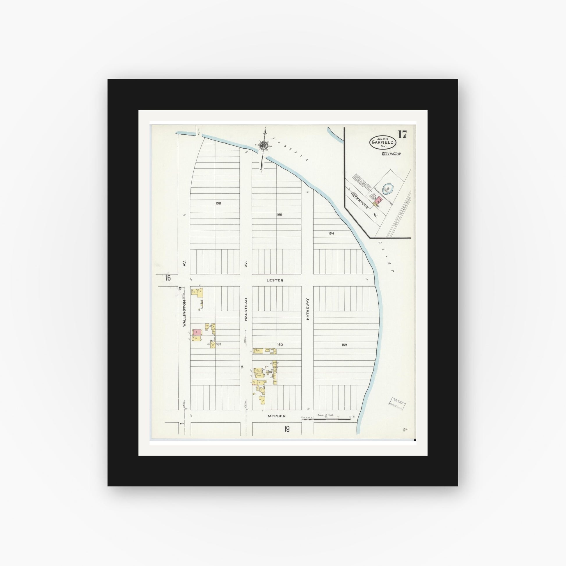 Old map wall art mockup — black gallery frame with white mat — Sanborn Fire Insurance Map from Garfield, Bergen County, New Jersey (1910), Sheet #0017