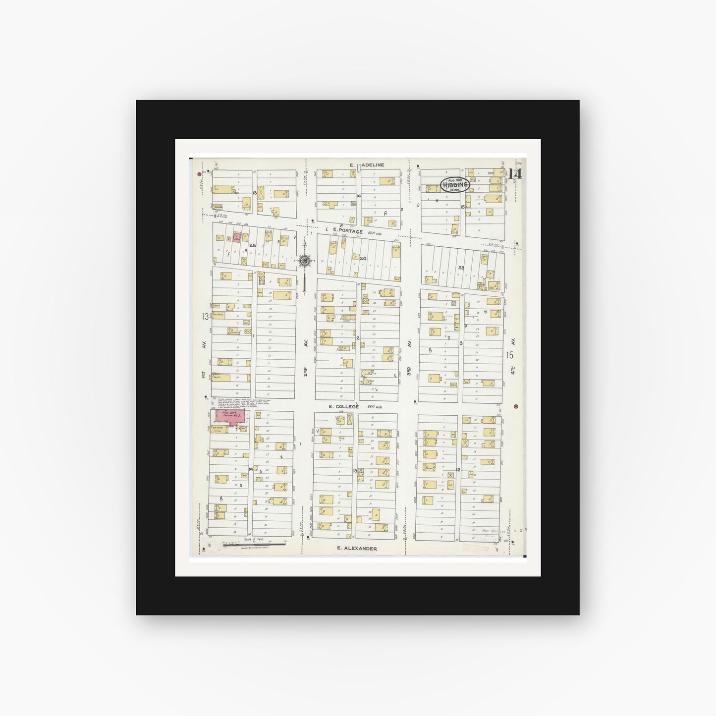 Old map wall art mockup — black gallery frame with white mat — Sanborn Fire Insurance Map from Hibbing, Saint Louis County, Minnesota (1921), Sheet #0014