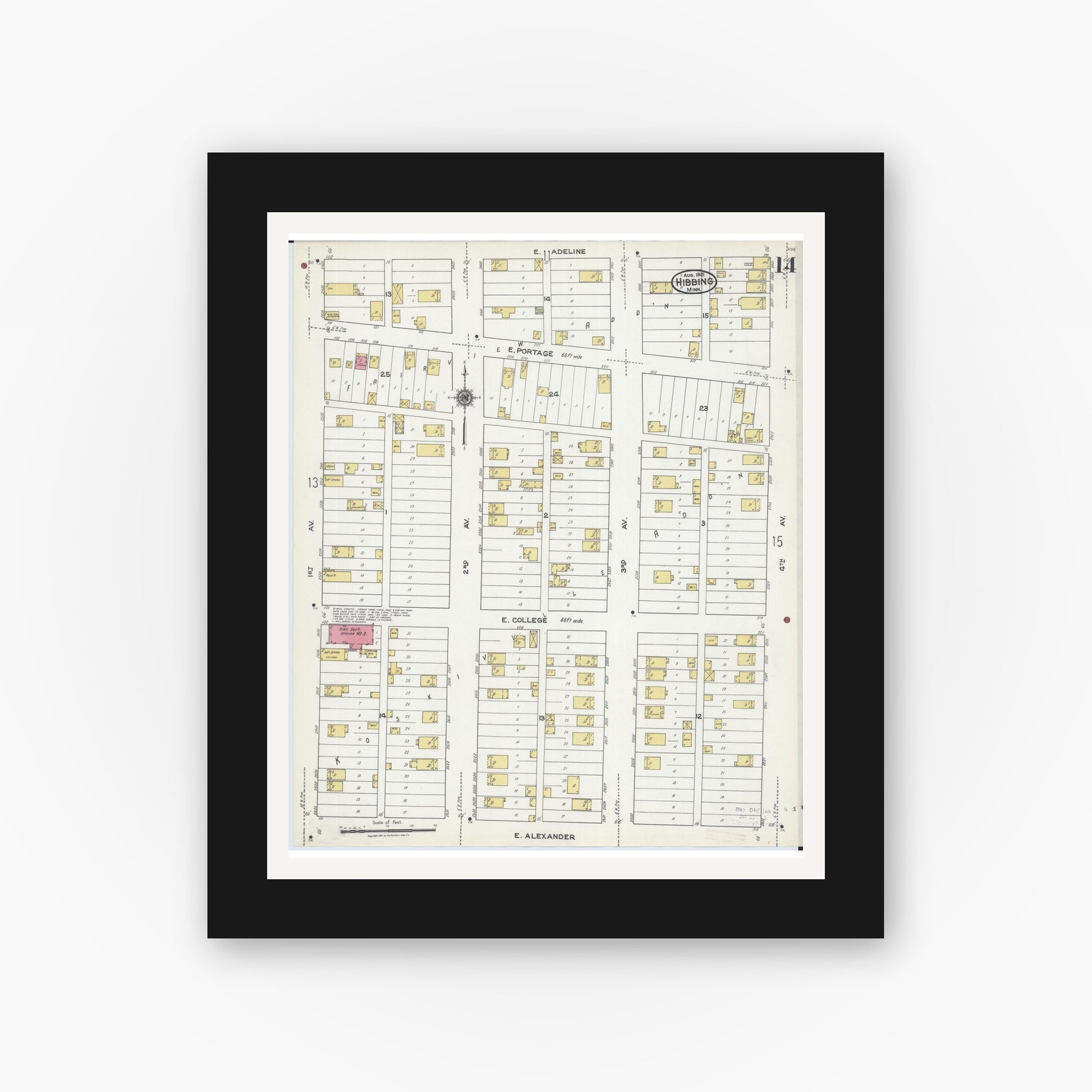 Old map wall art mockup — black gallery frame with white mat — Sanborn Fire Insurance Map from Hibbing, Saint Louis County, Minnesota (1921), Sheet #0014