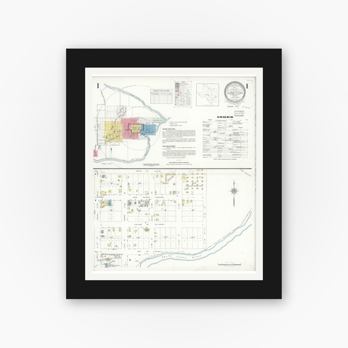 Old map wall art mockup — black gallery frame with white mat — Sanborn Fire Insurance Map from Junction, Kimble County, Texas (1933), Sheet #0001