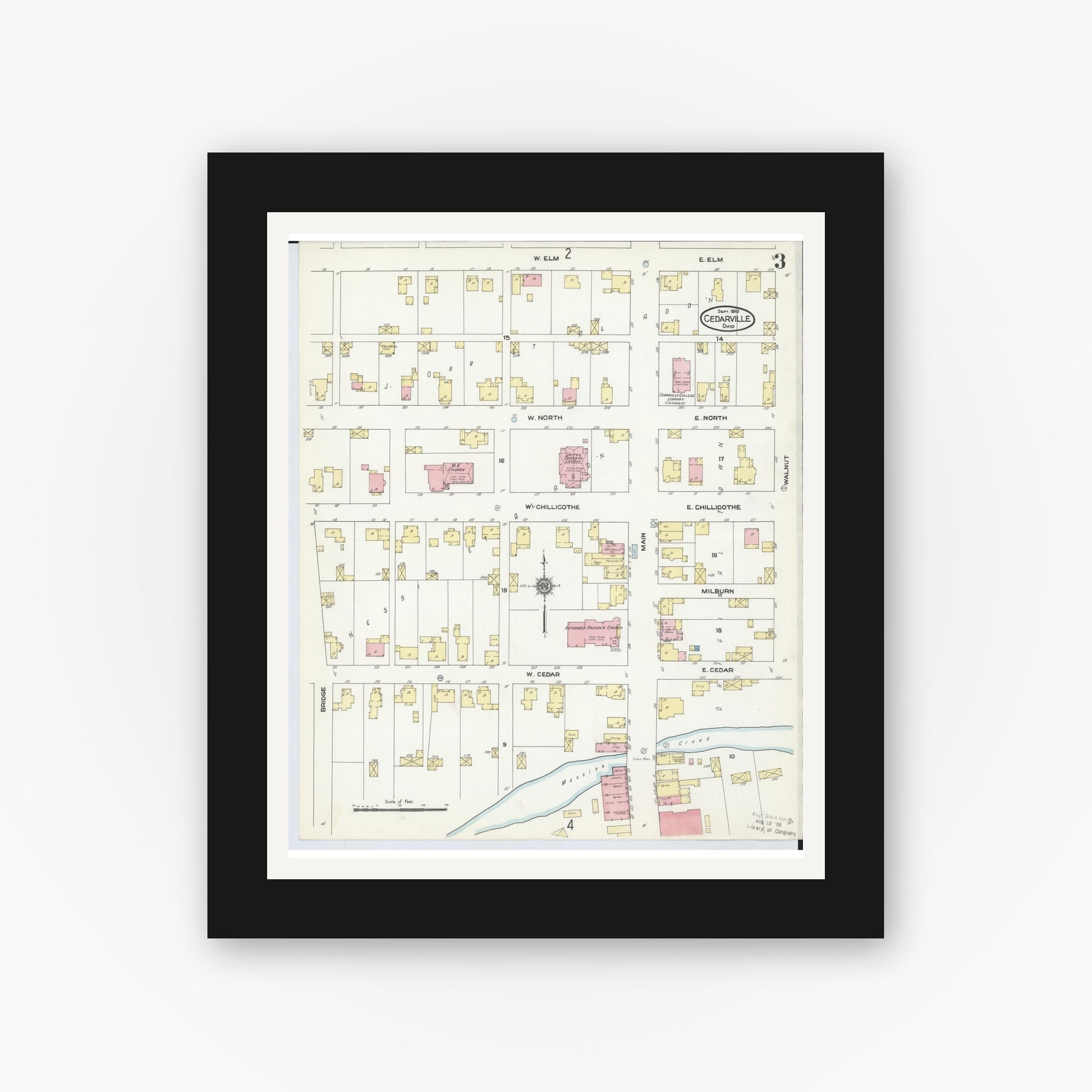 Old map wall art mockup — black gallery frame with white mat — Sanborn Fire Insurance Map from Cedarville, Greene County, Ohio (1910), Sheet #0003