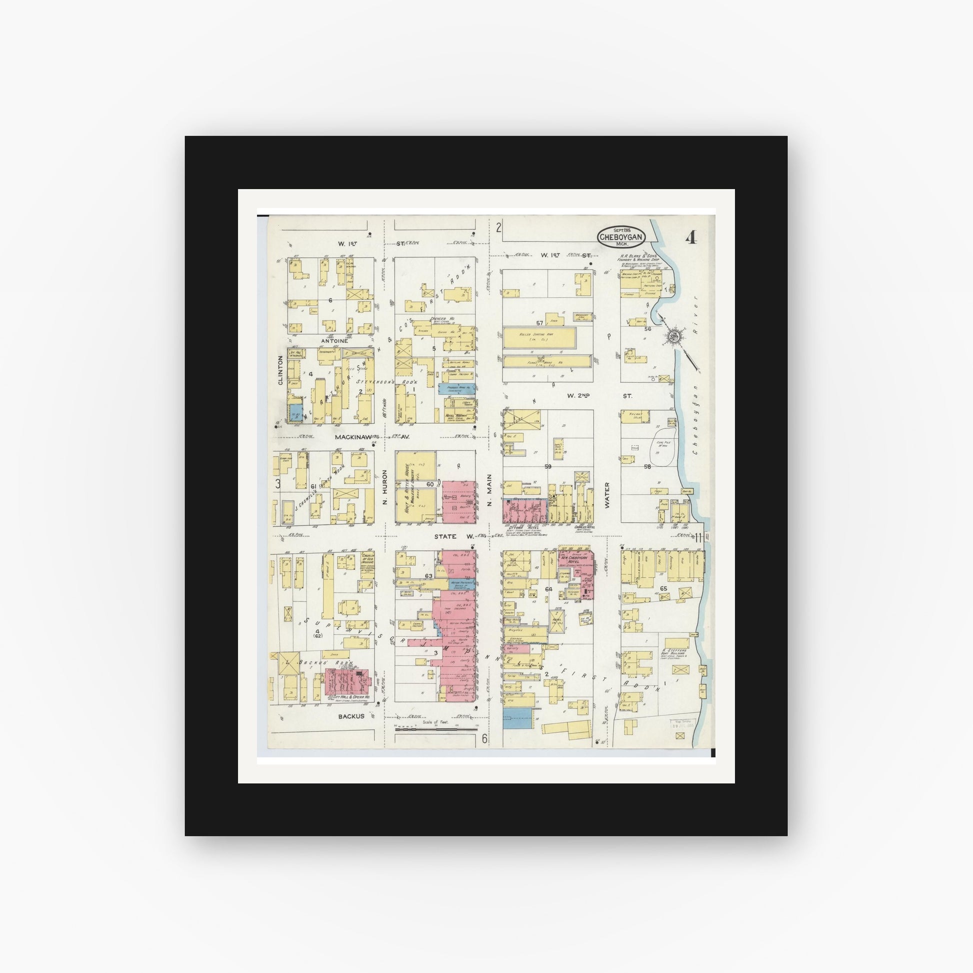 Old map wall art mockup — black gallery frame with white mat — Sanborn Fire Insurance Map from Cheboygan, Cheboygan County, Michigan (1915), Sheet #0004