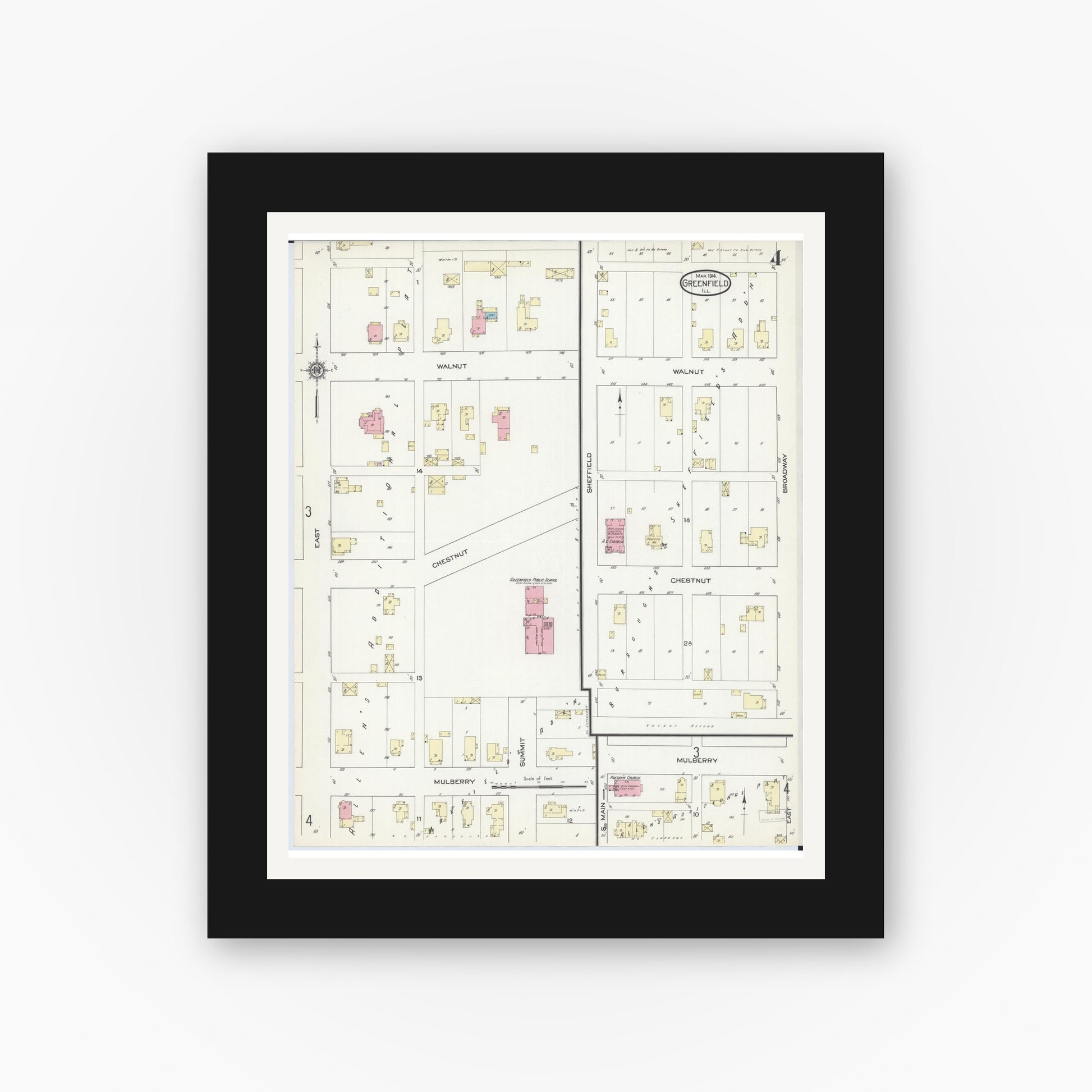 Old map wall art mockup — black gallery frame with white mat — Sanborn Fire Insurance Map from Greenfield, Greene County, Illinois (1914), Sheet #0004