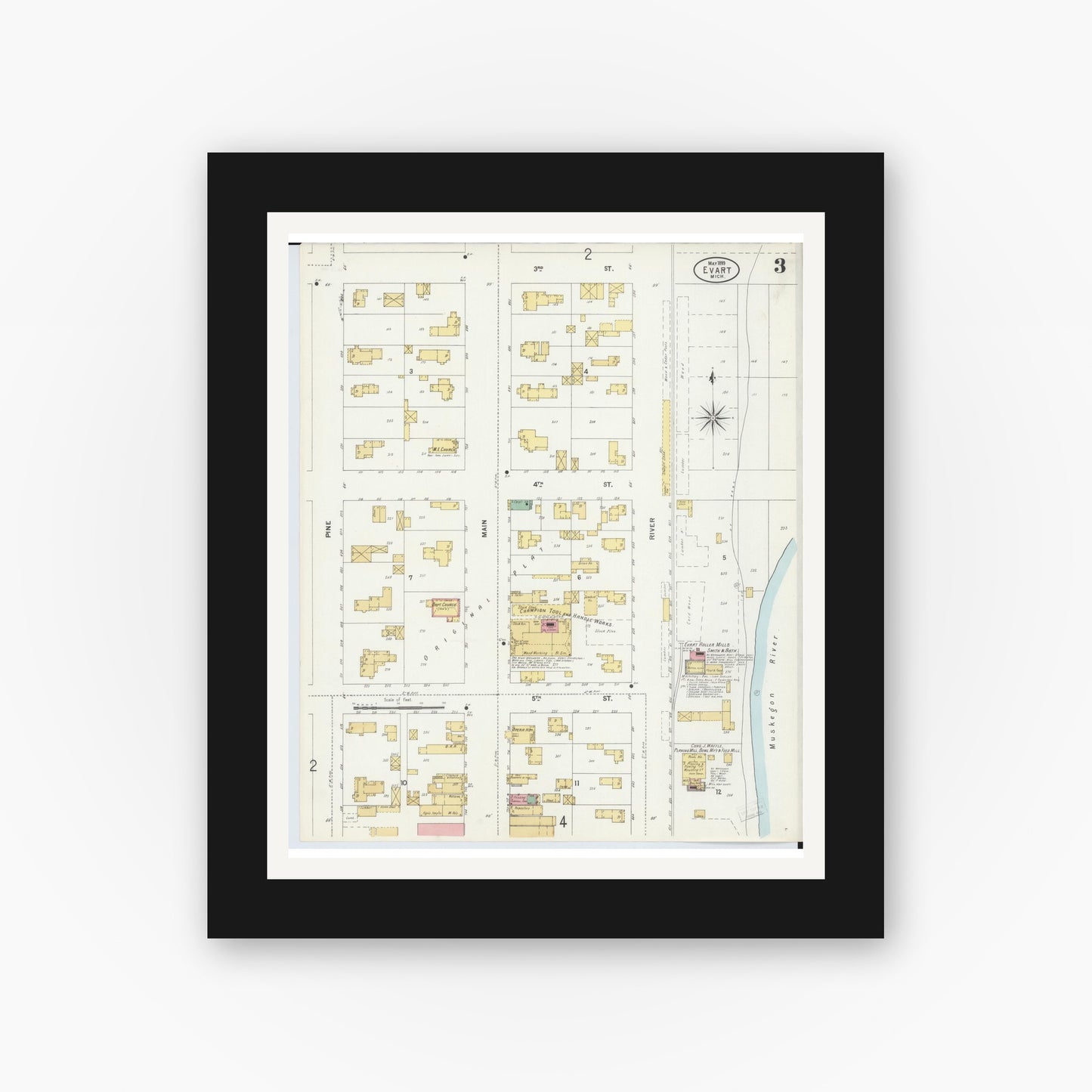 Old map wall art mockup — black gallery frame with white mat — Sanborn Fire Insurance Map from Evart, Osceola County, Michigan (1899), Sheet #0003