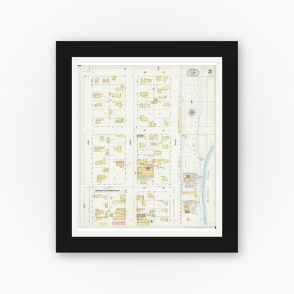 Old map wall art mockup — black gallery frame with white mat — Sanborn Fire Insurance Map from Evart, Osceola County, Michigan (1899), Sheet #0003