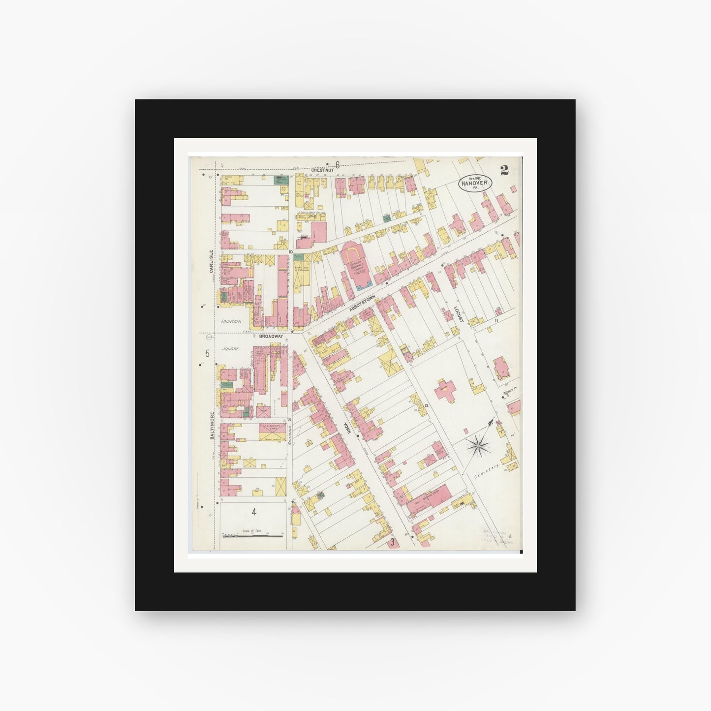 Old map wall art mockup — black gallery frame with white mat — Sanborn Fire Insurance Map from Hanover, York County, Pennsylvania (1902), Sheet #0002