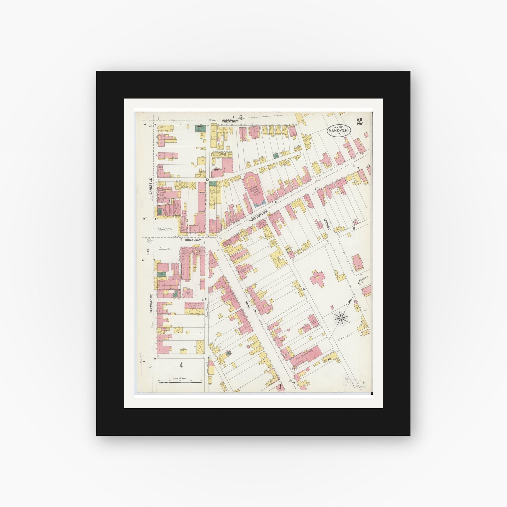 Old map wall art mockup — black gallery frame with white mat — Sanborn Fire Insurance Map from Hanover, York County, Pennsylvania (1902), Sheet #0002