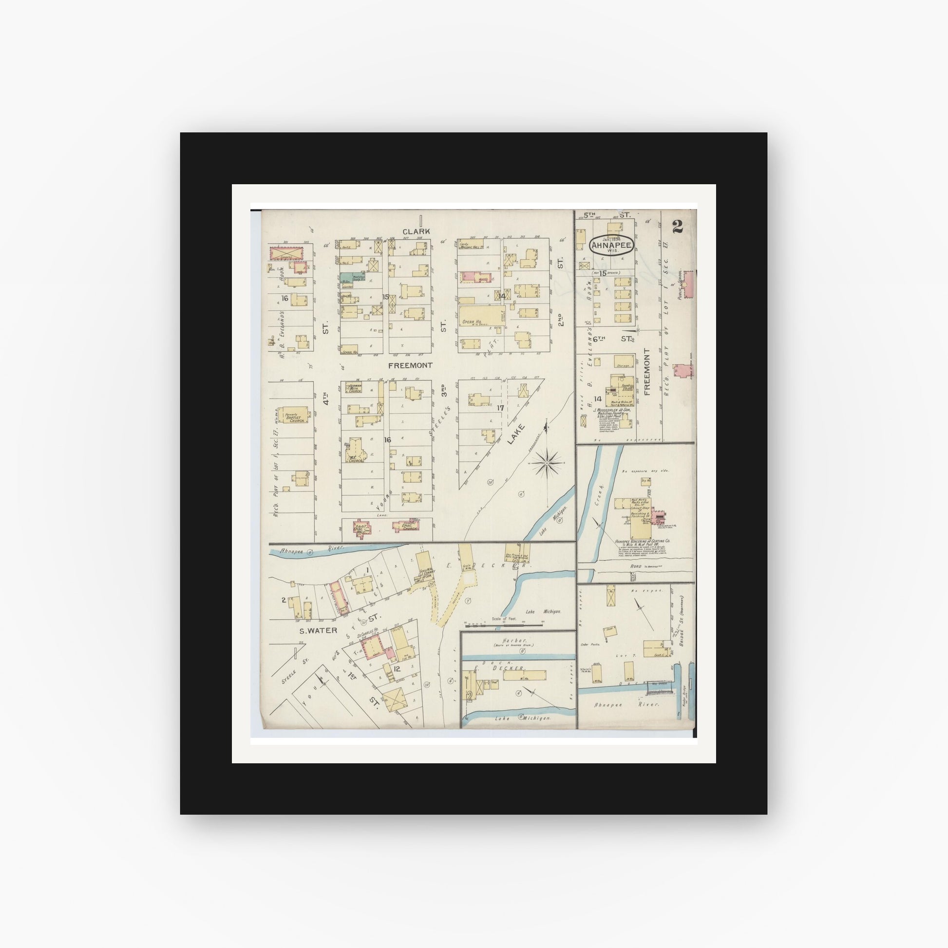 Old map wall art mockup — black gallery frame with white mat — Sanborn Fire Insurance Map from Ahnapee, Kewaunee County, Wisconsin (1894), Sheet #0002