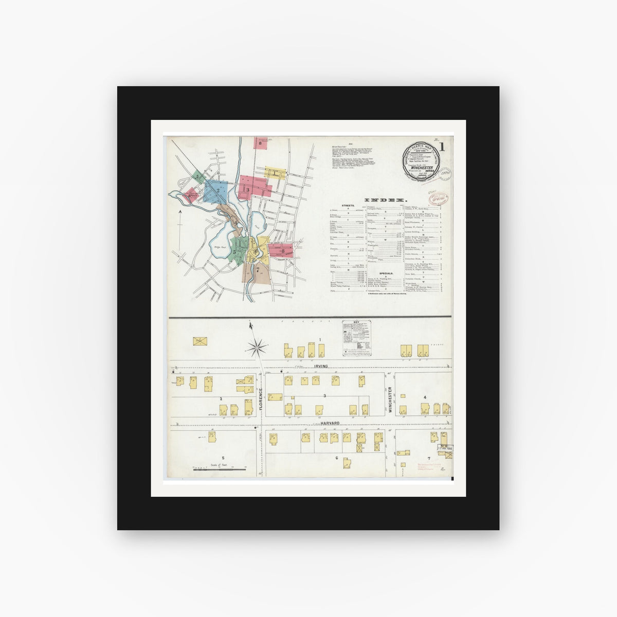 Old map wall art mockup — black gallery frame with white mat — Sanborn Fire Insurance Map from Winchester, Middlesex County, Massachusetts (1899), Sheet #0001