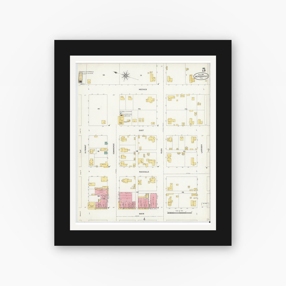 Old map wall art mockup — black gallery frame with white mat — Sanborn Fire Insurance Map from Jacksonville, Cherokee County, Texas (1906), Sheet #0005
