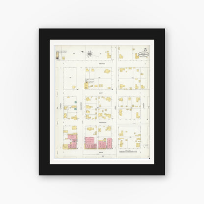 Old map wall art mockup — black gallery frame with white mat — Sanborn Fire Insurance Map from Jacksonville, Cherokee County, Texas (1906), Sheet #0005
