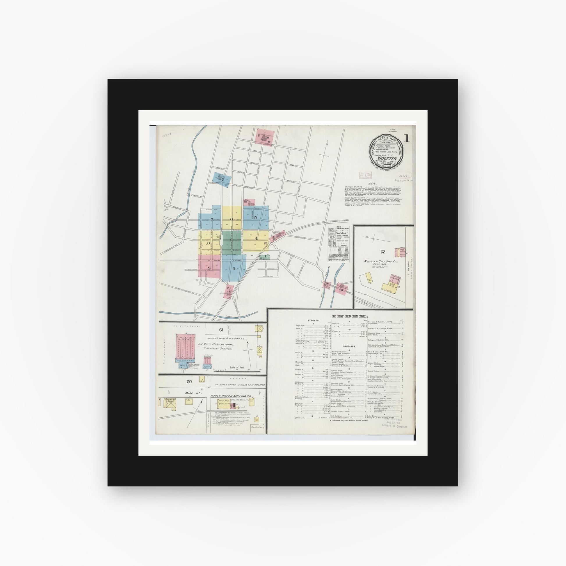 Old map wall art mockup — black gallery frame with white mat — Sanborn Fire Insurance Map from Wooster, Wayne County, Ohio (1892), Sheet #0001