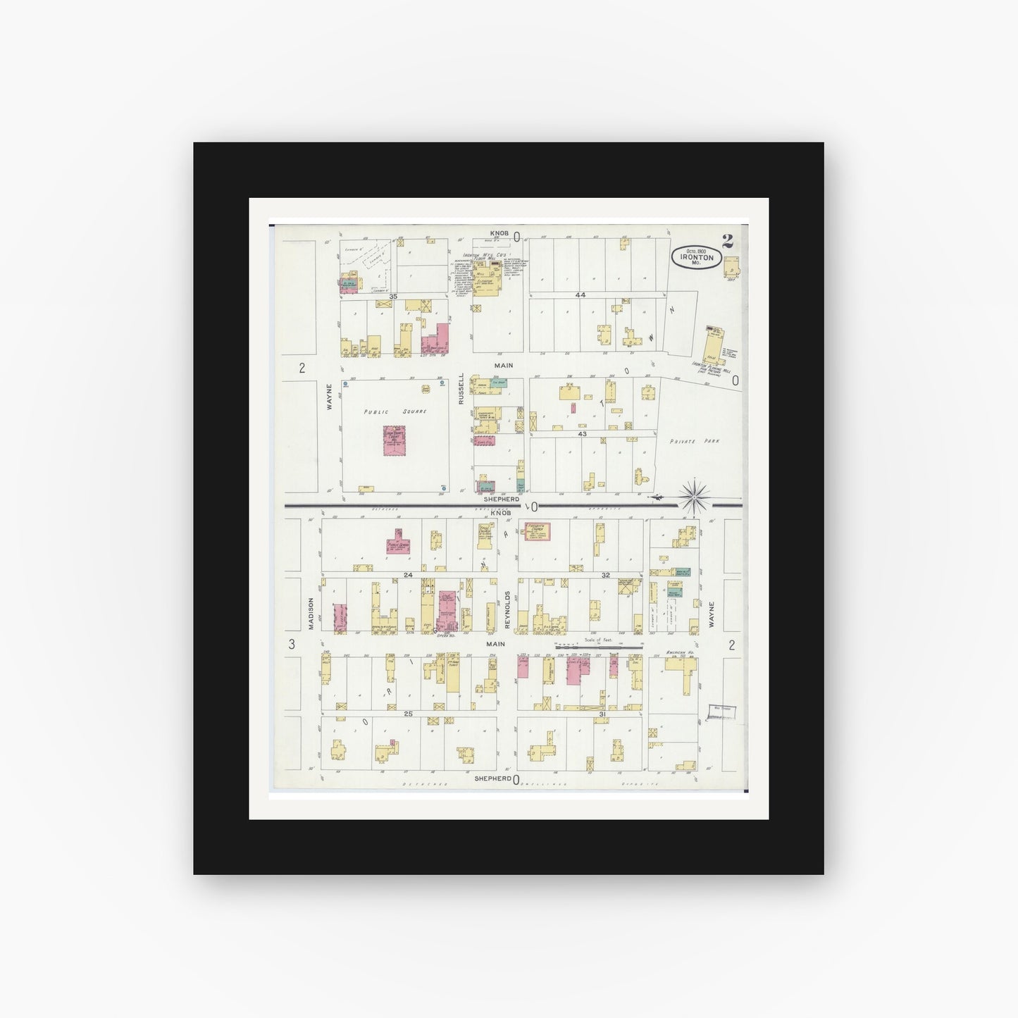 Old map wall art mockup — black gallery frame with white mat — Sanborn Fire Insurance Map from Ironton, Iron County, Missouri (1900), Sheet #0002