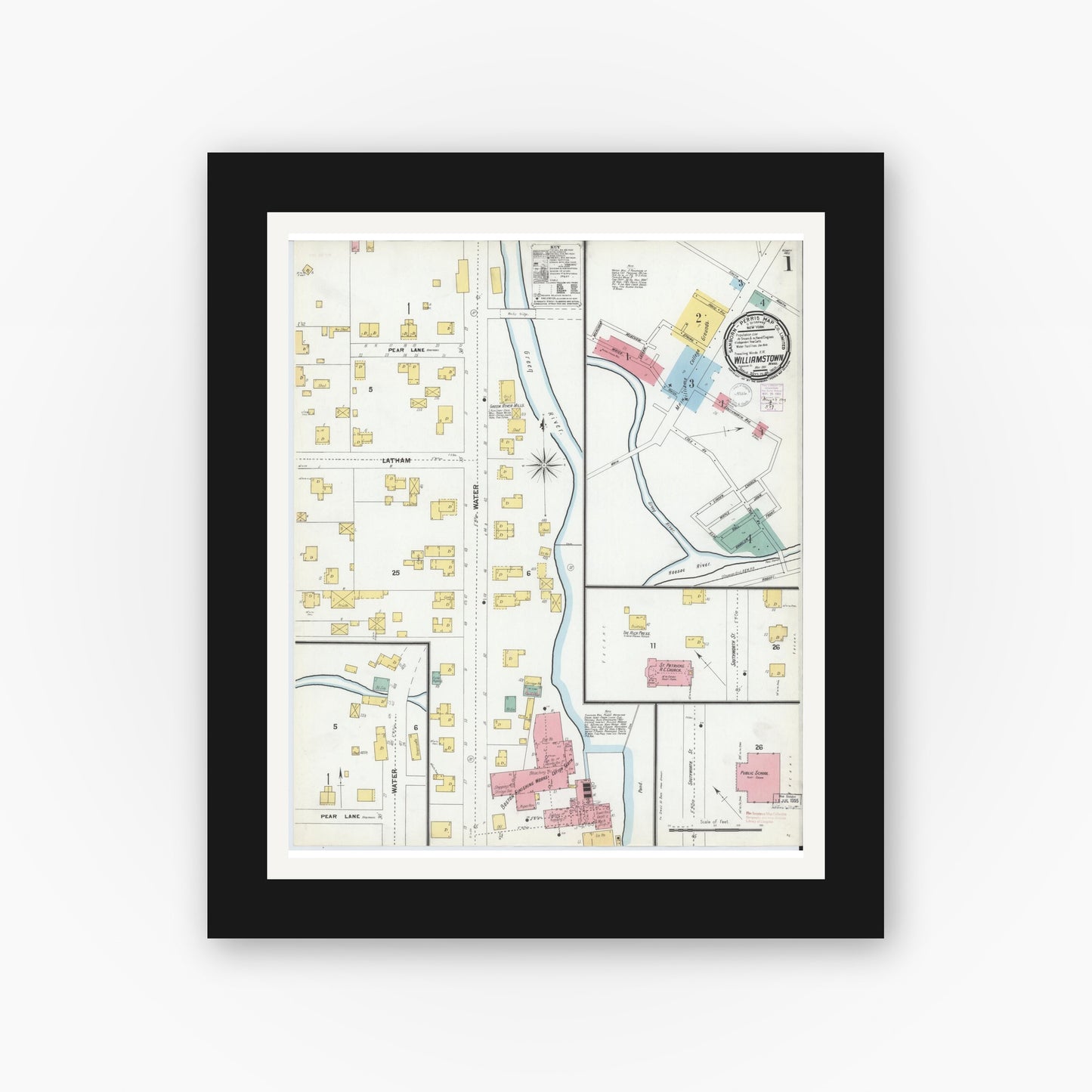 Old map wall art mockup — black gallery frame with white mat — Sanborn Fire Insurance Map from Williamstown, Berkshire County, Massachusetts (1901), Sheet #0001