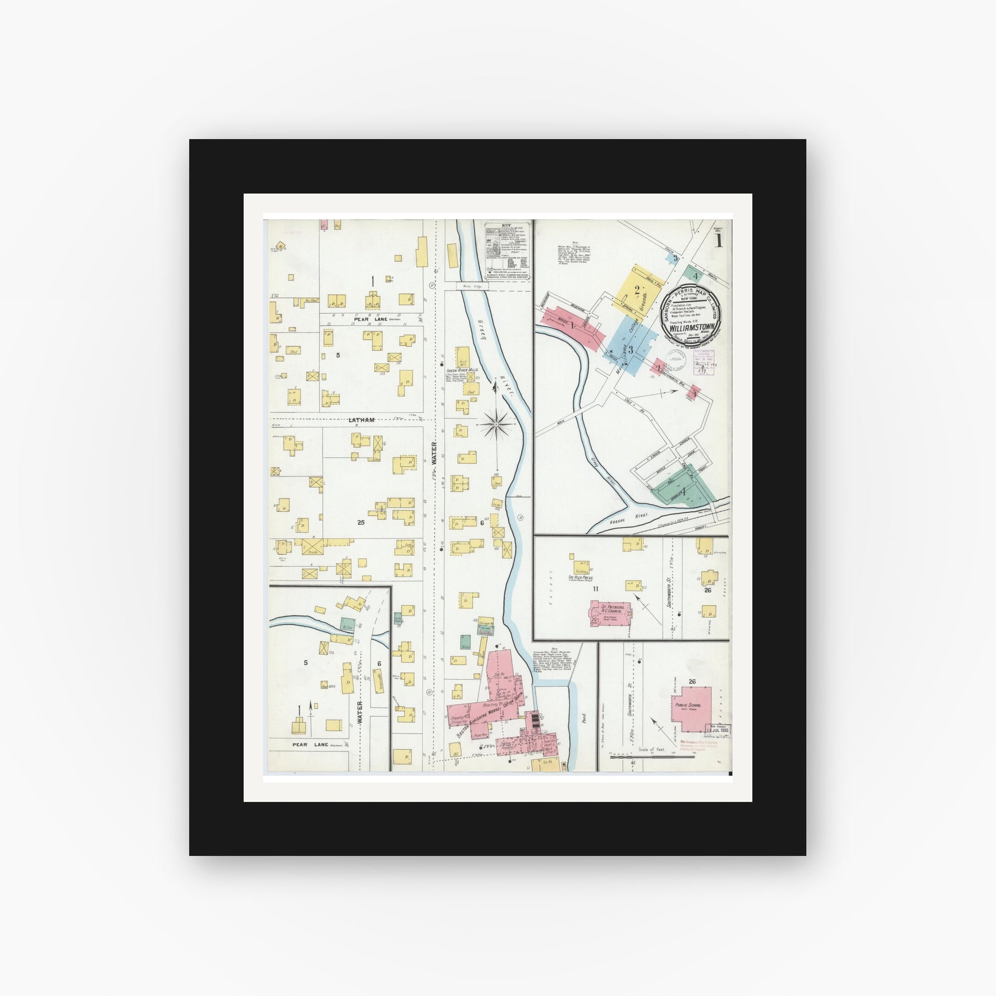 Old map wall art mockup — black gallery frame with white mat — Sanborn Fire Insurance Map from Williamstown, Berkshire County, Massachusetts (1901), Sheet #0001