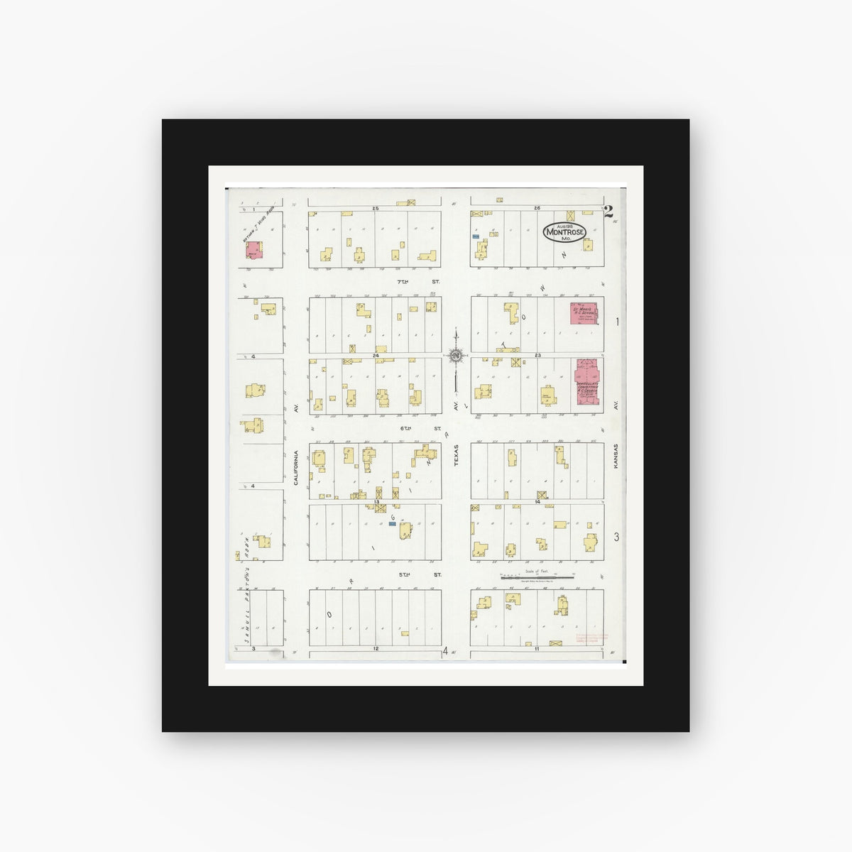 Old map wall art mockup — black gallery frame with white mat — Sanborn Fire Insurance Map from Montrose, Henry County, Missouri (1918), Sheet #0002