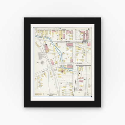 Old map wall art mockup — black gallery frame with white mat — Sanborn Fire Insurance Map from Mansfield, Richland County, Ohio (1892), Sheet #0006