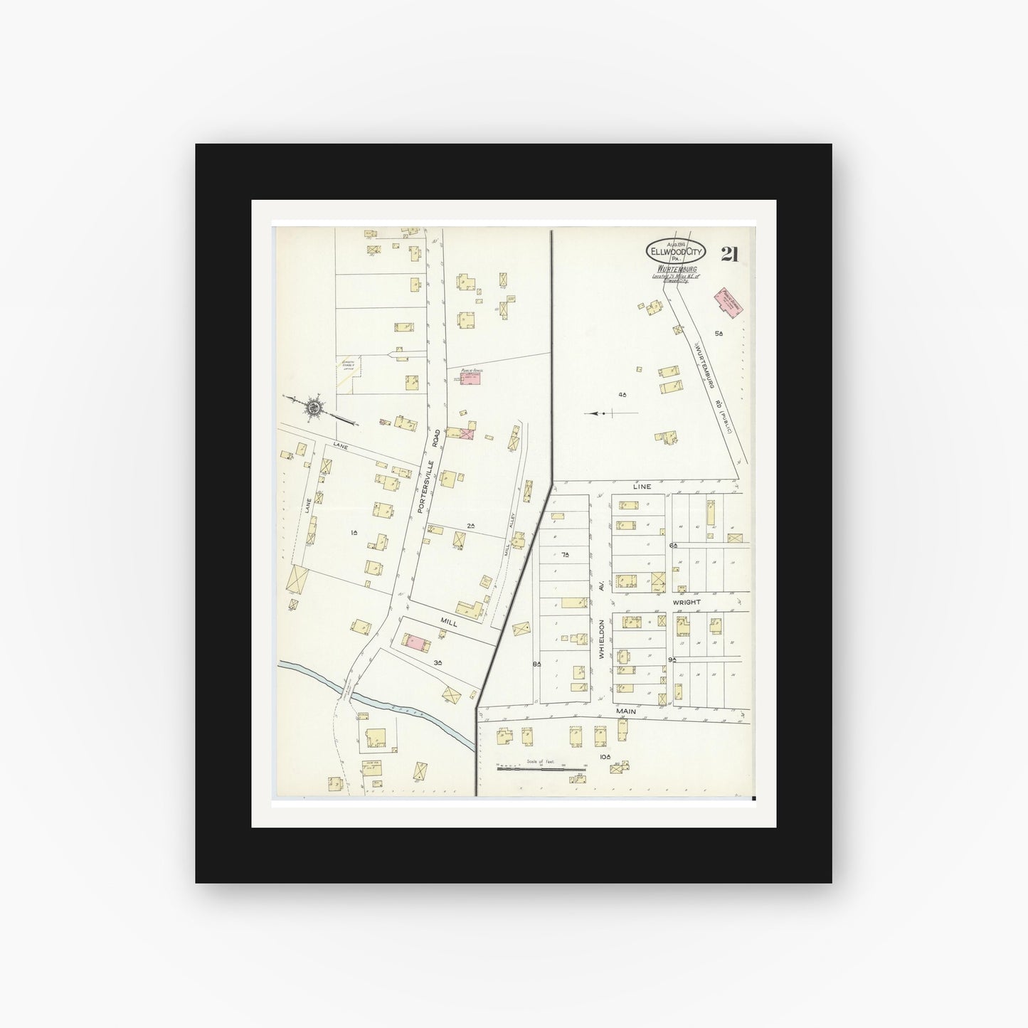 Old map wall art mockup — black gallery frame with white mat — Sanborn Fire Insurance Map from Ellwood City, Lawrence County, Pennsylvania (1914), Sheet #0021