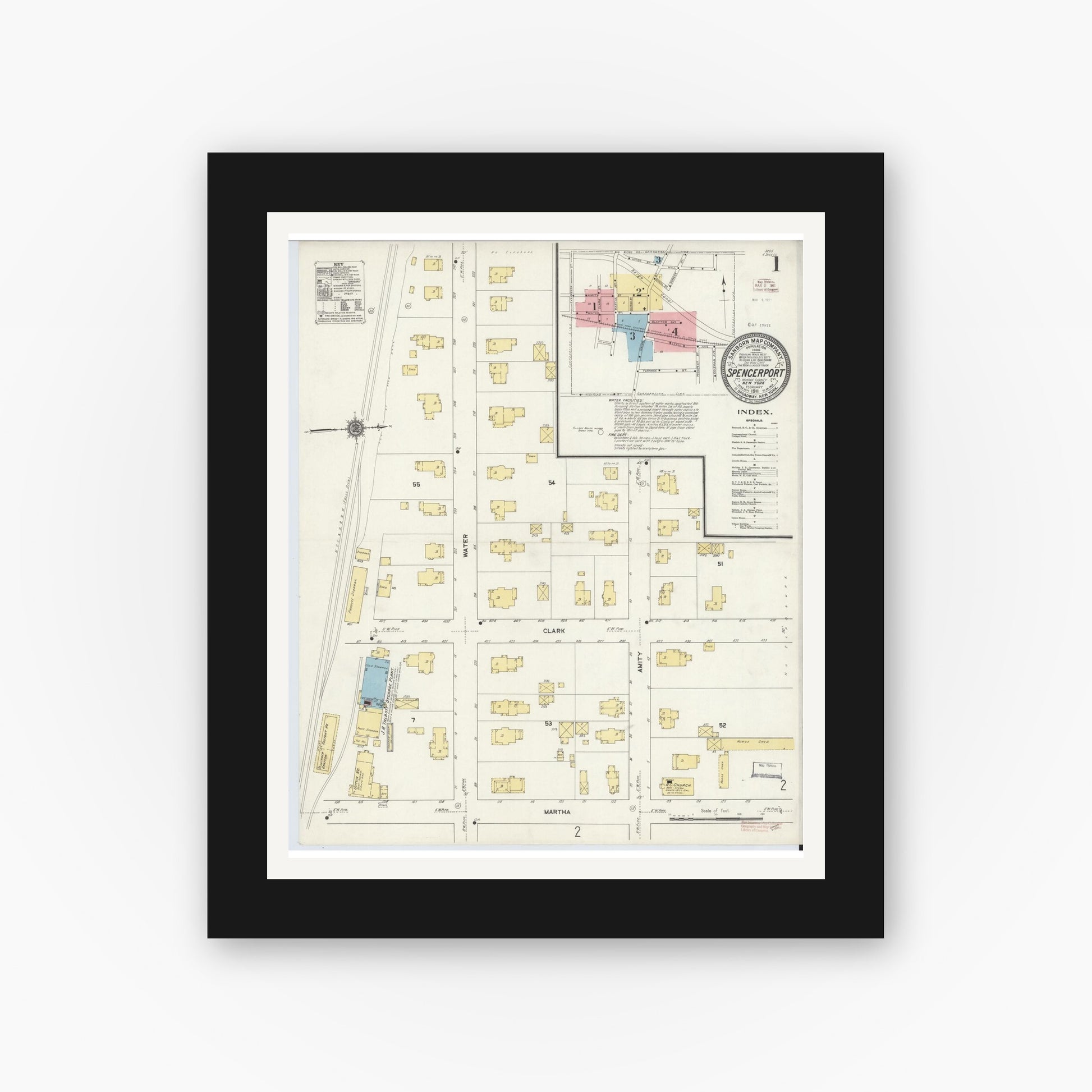 Old map wall art mockup — black gallery frame with white mat — Sanborn Fire Insurance Map from Spencerport, Monroe County, New York (1911) - Complete Map Set