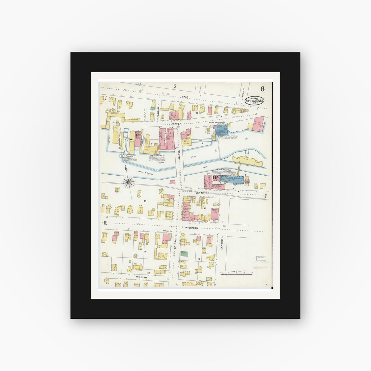 Old map wall art mockup — black gallery frame with white mat — Sanborn Fire Insurance Map from Seneca Falls, Seneca County, New York (1904), Sheet #0006