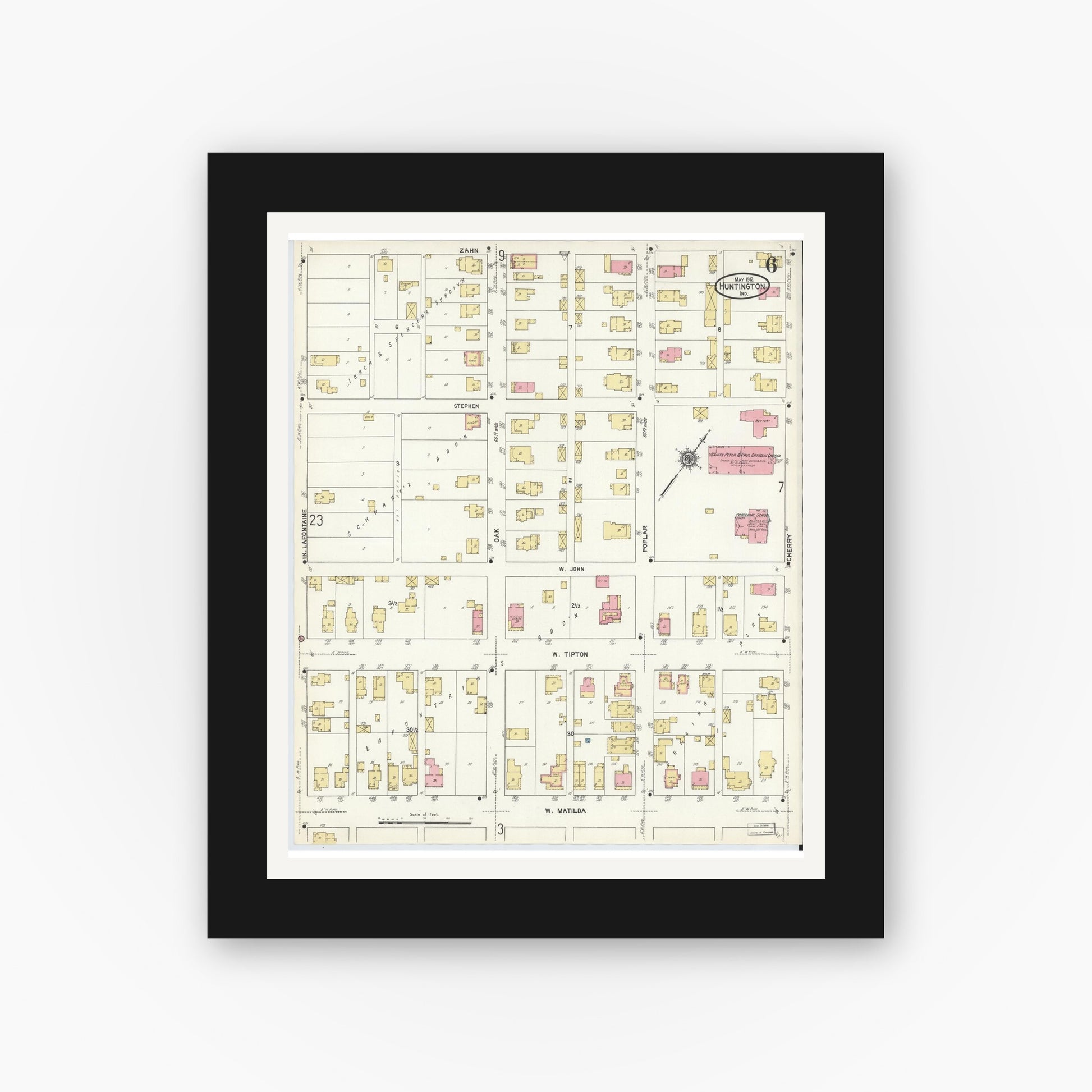 Old map wall art mockup — black gallery frame with white mat — Sanborn Fire Insurance Map from Huntington, Huntington County, Indiana (1912), Sheet #0006