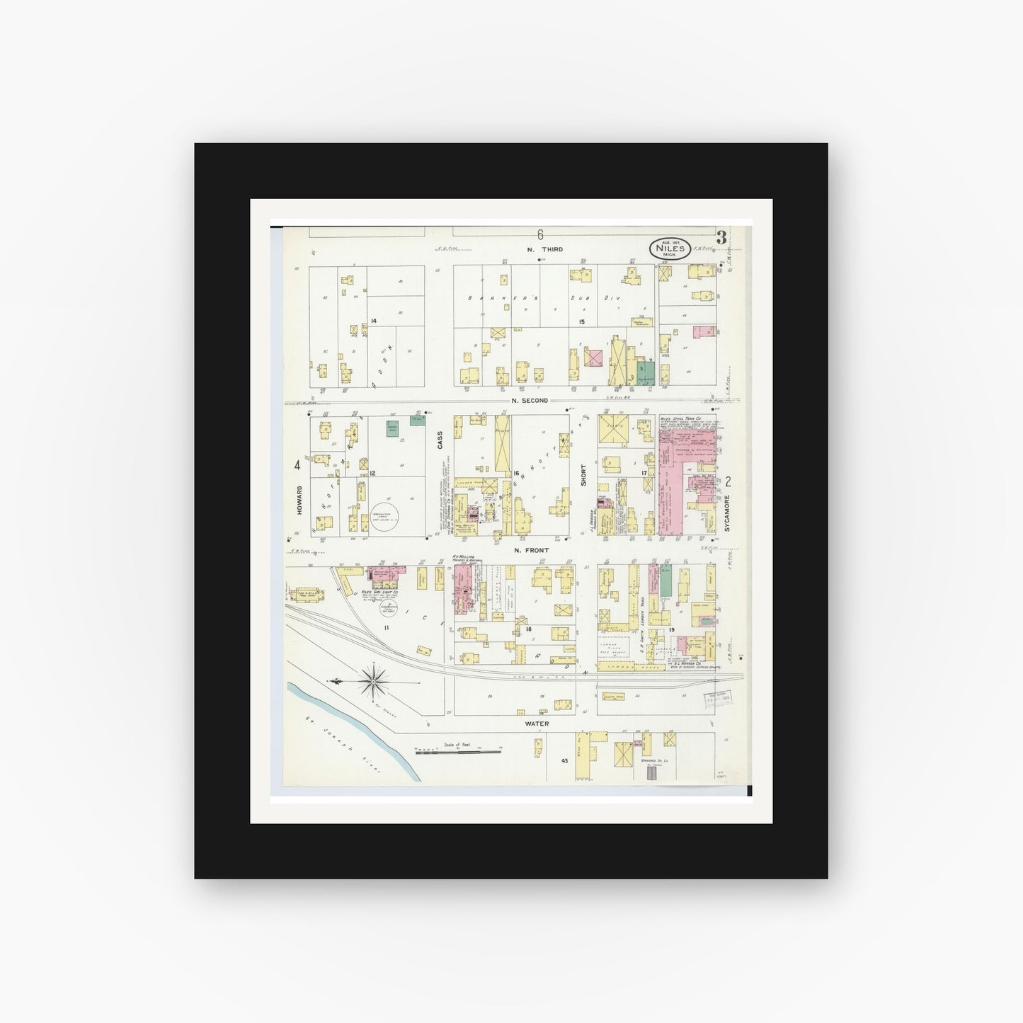 Old map wall art mockup — black gallery frame with white mat — Sanborn Fire Insurance Map from Niles, Berrien County, Michigan (1907), Sheet #0003