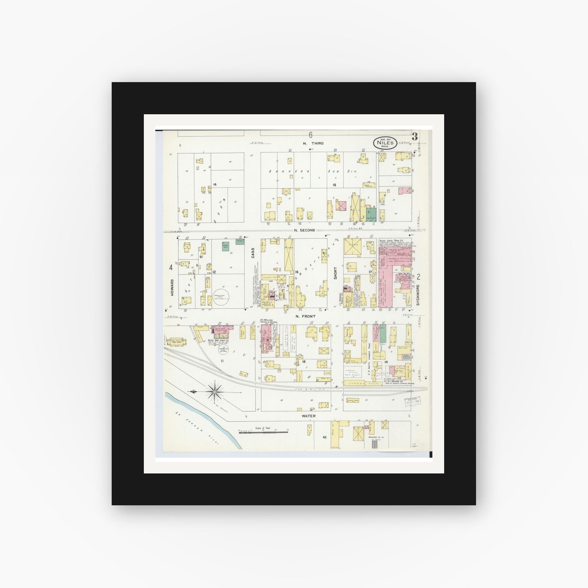Old map wall art mockup — black gallery frame with white mat — Sanborn Fire Insurance Map from Niles, Berrien County, Michigan (1907), Sheet #0003