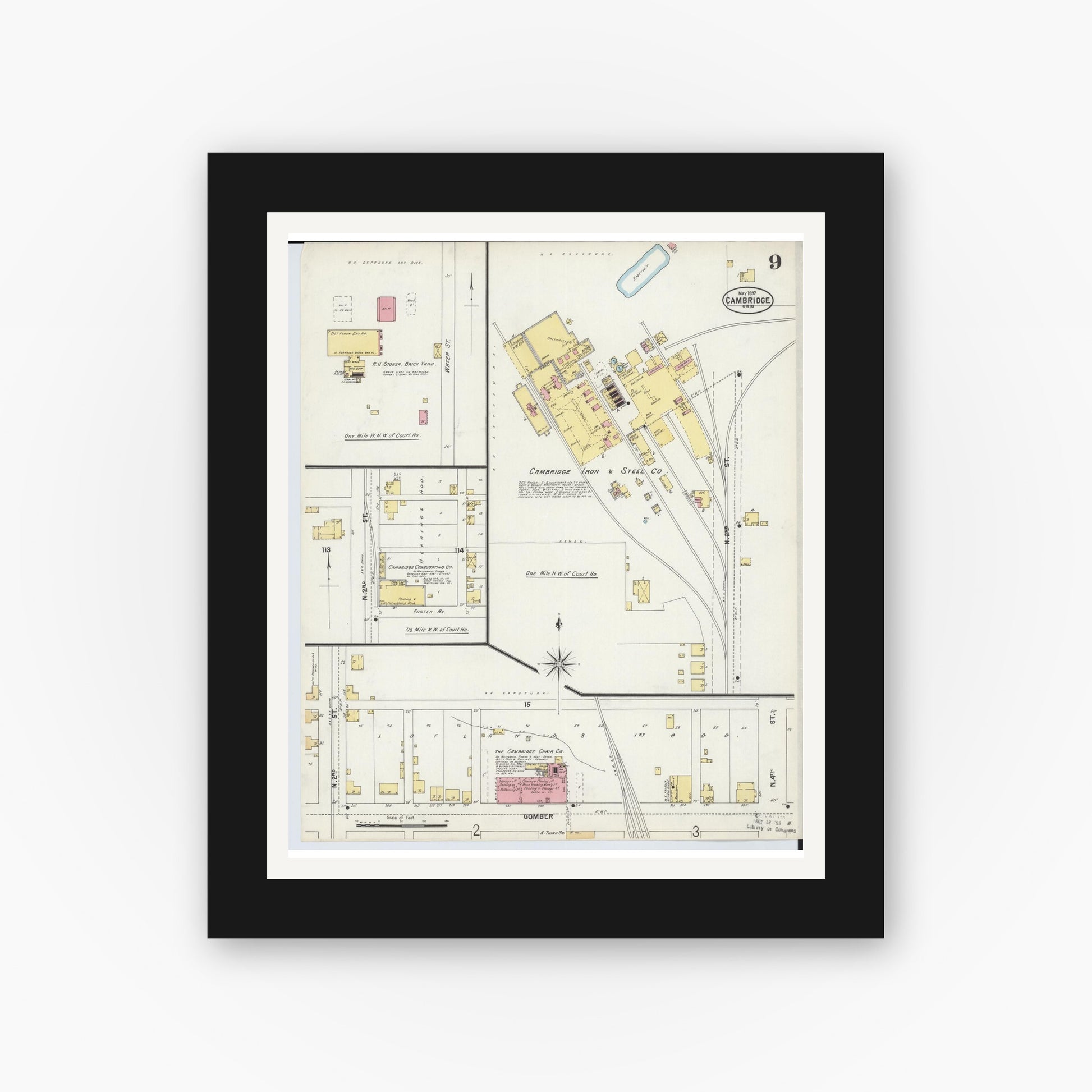 Old map wall art mockup — black gallery frame with white mat — Sanborn Fire Insurance Map from Cambridge, Guernsey County, Ohio (1897), Sheet #0009