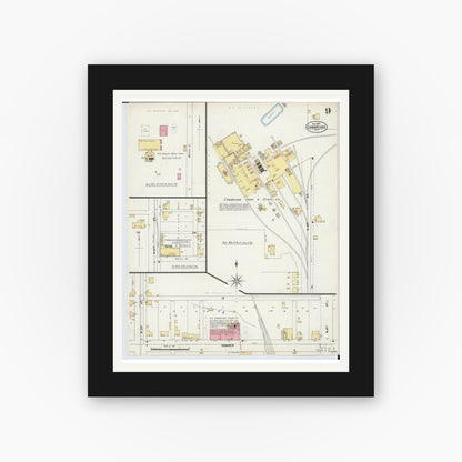 Old map wall art mockup — black gallery frame with white mat — Sanborn Fire Insurance Map from Cambridge, Guernsey County, Ohio (1897), Sheet #0009