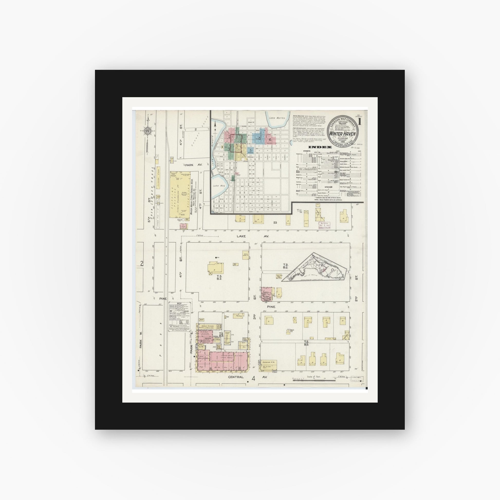 Old map wall art mockup — black gallery frame with white mat — Sanborn Fire Insurance Map from Winter Haven, Polk County, Florida (1914) - Complete Map Set
