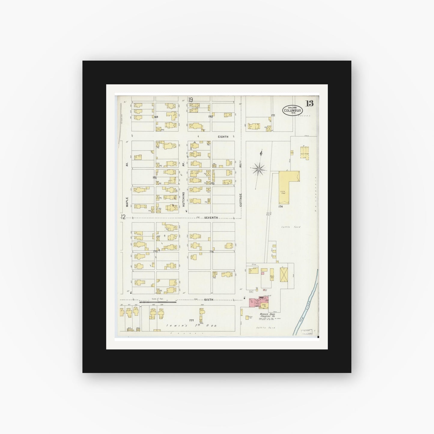 Old map wall art mockup — black gallery frame with white mat — Sanborn Fire Insurance Map from Columbus, Bartholomew County, Indiana (1898), Sheet #0013