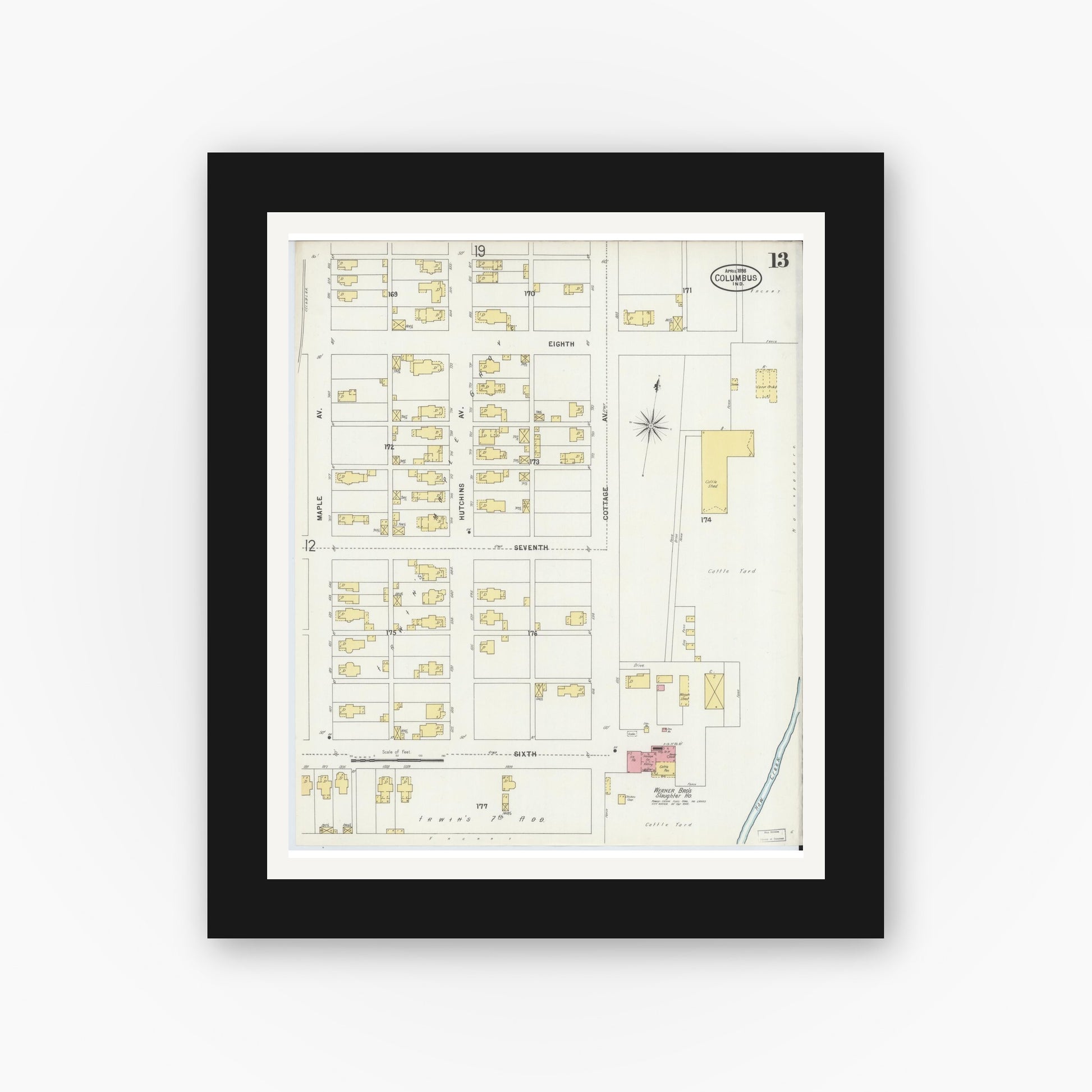 Old map wall art mockup — black gallery frame with white mat — Sanborn Fire Insurance Map from Columbus, Bartholomew County, Indiana (1898), Sheet #0013