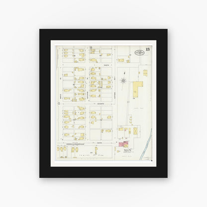 Old map wall art mockup — black gallery frame with white mat — Sanborn Fire Insurance Map from Columbus, Bartholomew County, Indiana (1898), Sheet #0013