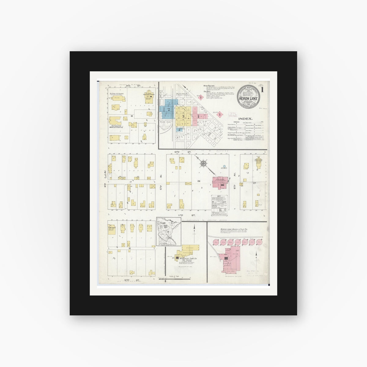 Old map wall art mockup — black gallery frame with white mat — Sanborn Fire Insurance Map from Heron Lake, Jackson County, Minnesota (1913) - Complete Map Set