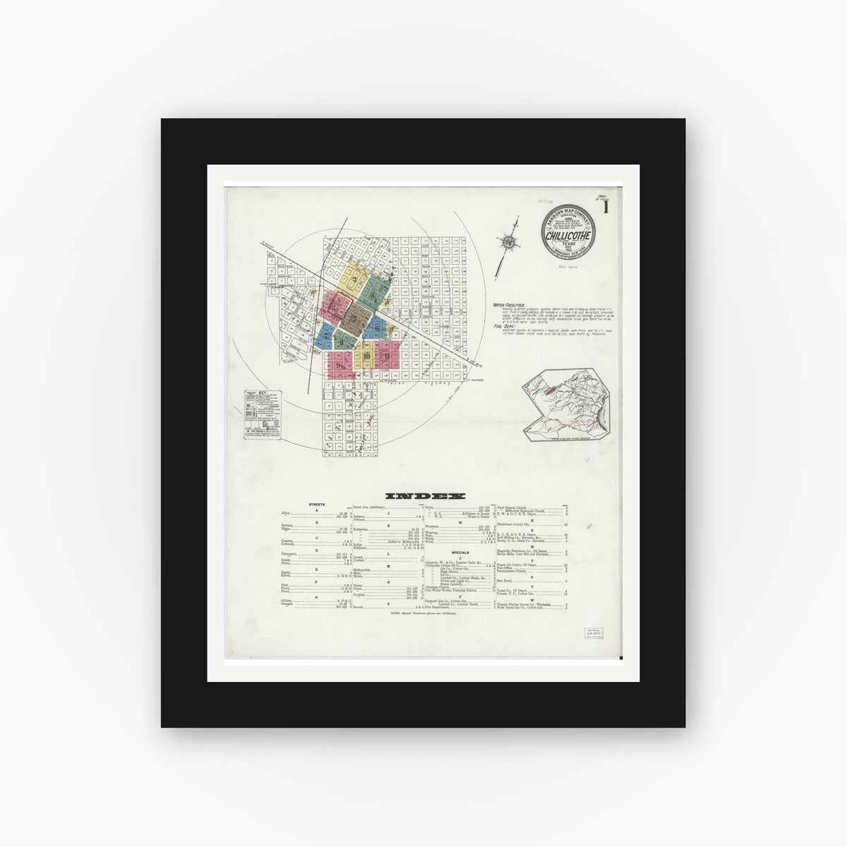 Old map wall art mockup — black gallery frame with white mat — Sanborn Fire Insurance Map from Chillicothe, Hardeman County, Texas (1921), Sheet #0001