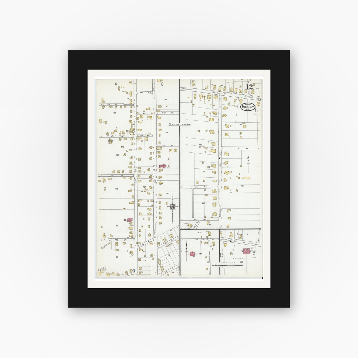 Old map wall art mockup — black gallery frame with white mat — Sanborn Fire Insurance Map from Hickory, Catawba County, North Carolina (1919), Sheet #0012