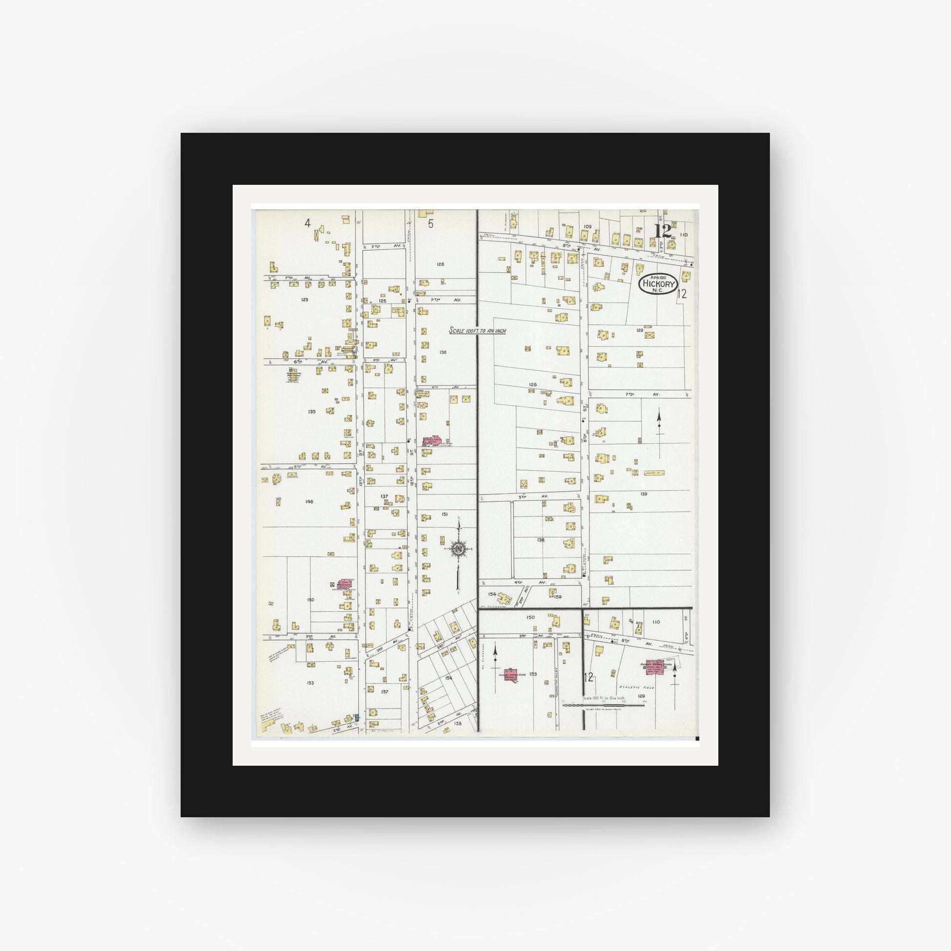Old map wall art mockup — black gallery frame with white mat — Sanborn Fire Insurance Map from Hickory, Catawba County, North Carolina (1919), Sheet #0012