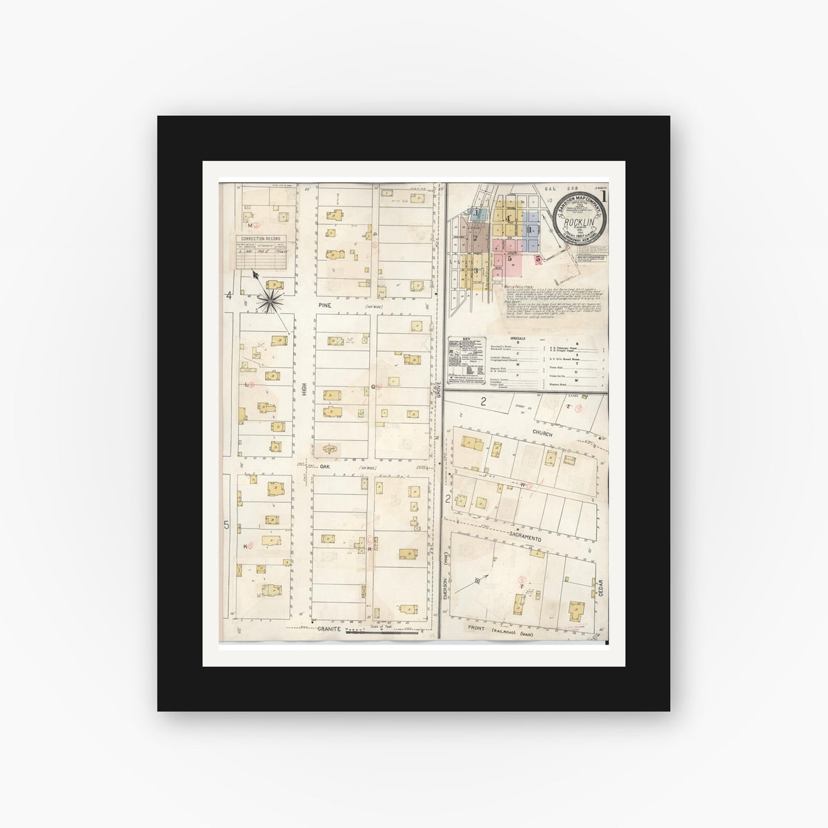 Old map wall art mockup — black gallery frame with white mat — Sanborn Fire Insurance Map from Rocklin, Placer County, California (1941) - Complete Map Set